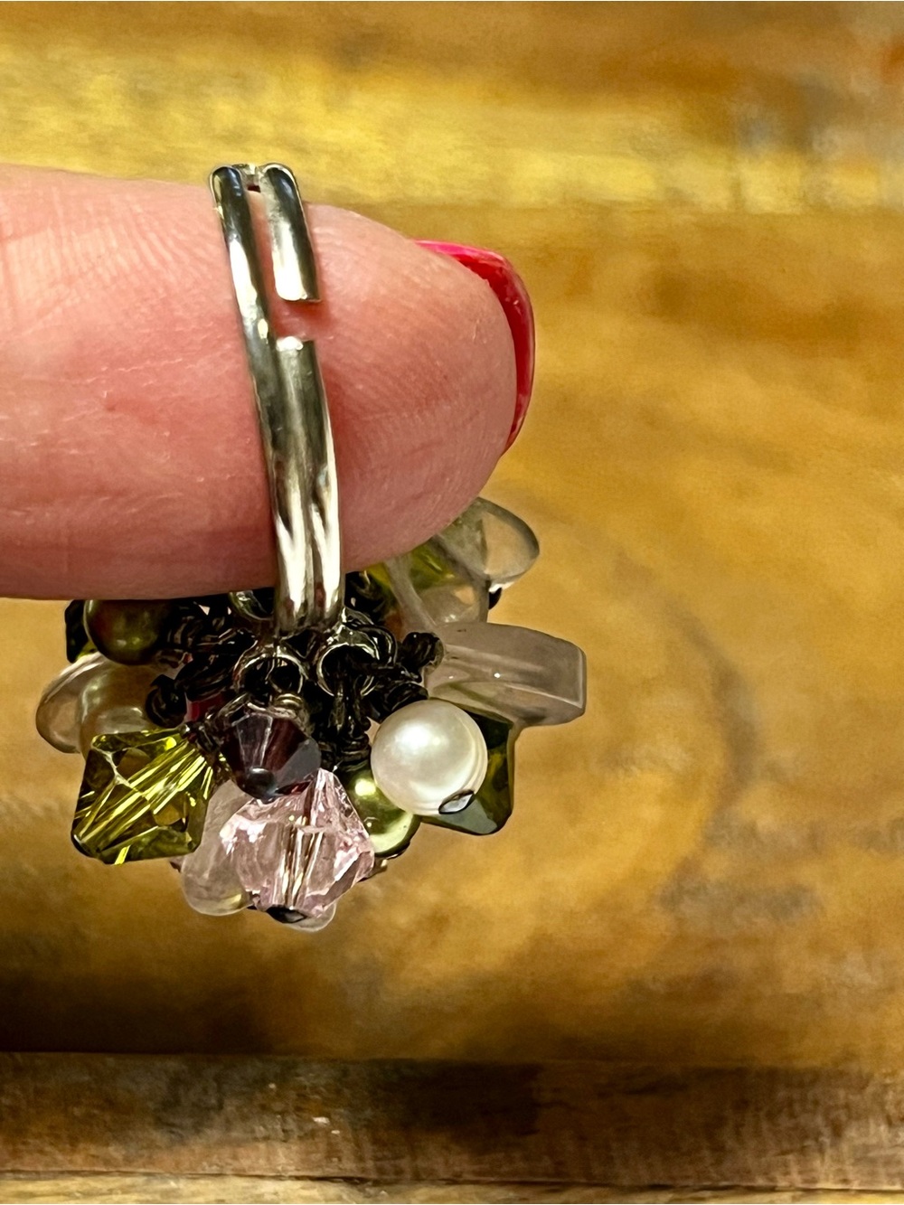 Vintage Cluster Bead Statement Ring in Pink, Green, and Clear adjustable $25 - Picture 3 of 9